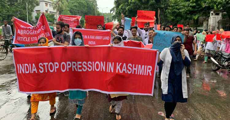 ব্যানার-ফেস্টুন হাতে ঢাবিতে কাশ্মীরি শিক্ষার্থীদের বিক্ষোভ