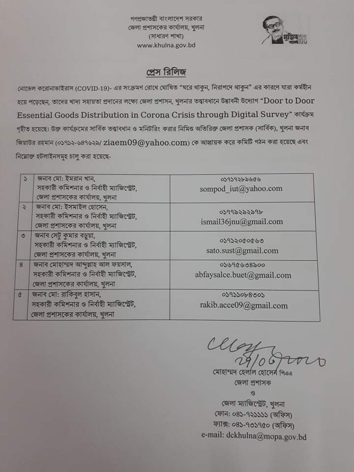 হটলাইনে কল করলেই দরিদ্র, অসহায় মানুষের ঘরে খাবার পৌঁছে দিবে খুলনা জেলা প্রশাসন