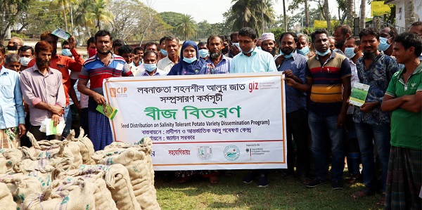 তালায় লবনাক্ততা সহনশীল আলুর বীজ কৃষকদের মাঝে বিতরণ