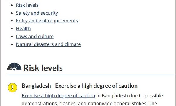 বাংলাদেশ ভ্রমণে উচ্চমাত্রার সতর্কতা জারি করল কানাডা